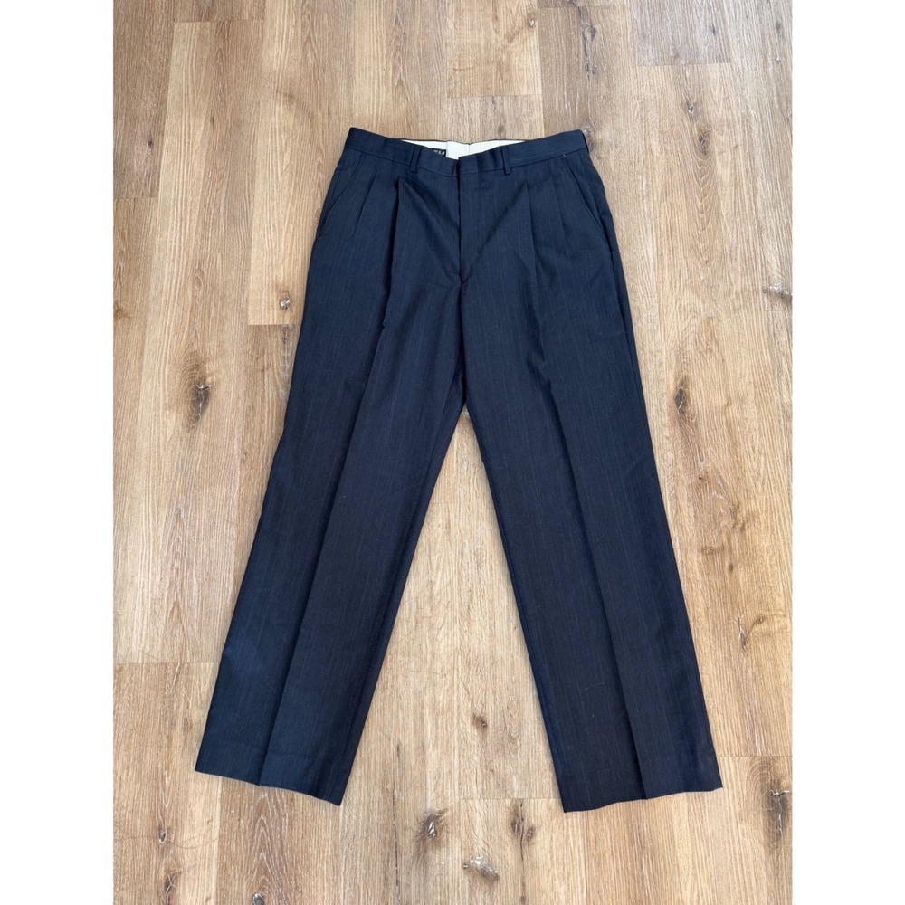 VTG Towncraft Pinstripe Pleated Wool Dress Pants Men 36x32 Navy Blue Made in USA